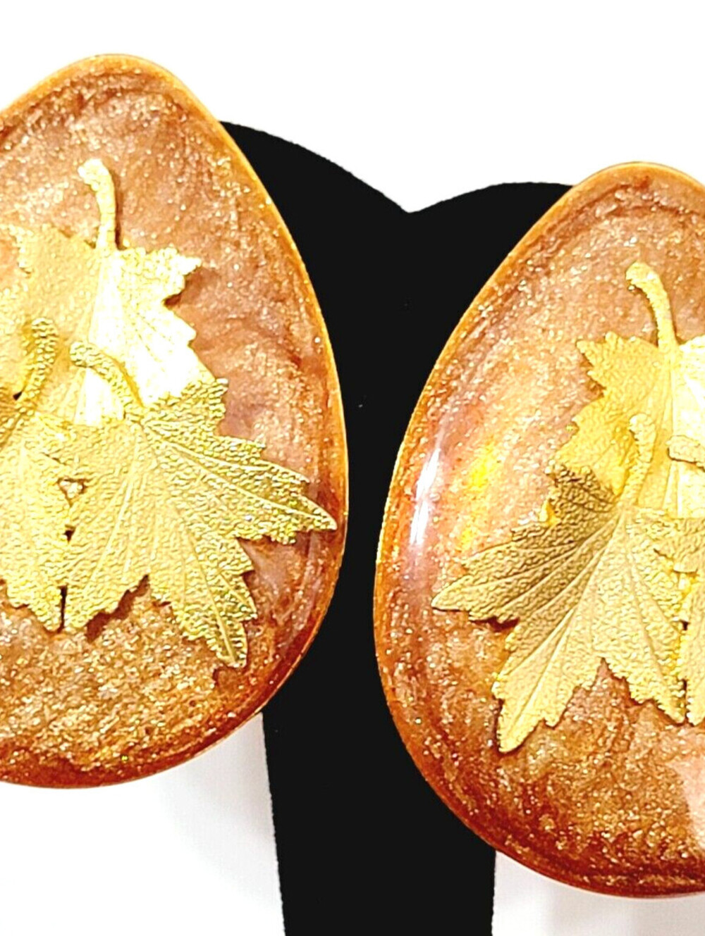 Vintage‎ Large Pierced Statement Earrings Enamel & Gold-tone Huge Brown rp-81